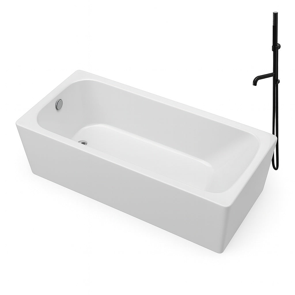Streamline 60 in x 30 in Soaking Acrylic Alcove Bathtub with Left Drain in Glossy White External Drain in Polished Brass