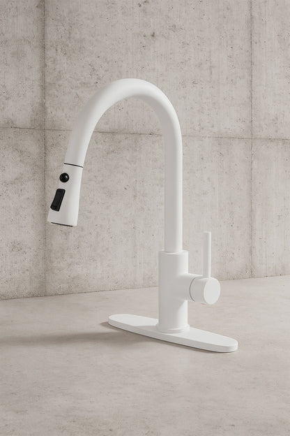3-Spray Patterns Single Handle Pull Down Sprayer Kitchen Faucet with Deckplate and Water Supply Hoses in Matte White