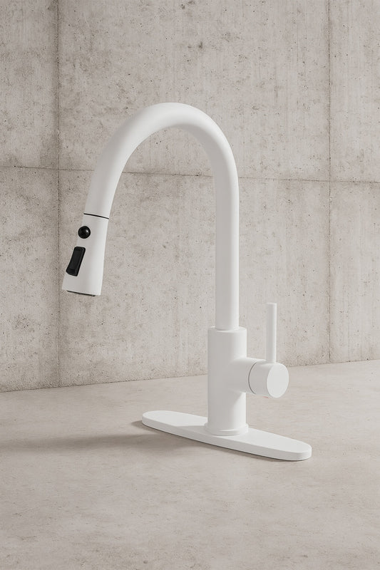 3-Spray Patterns Single Handle Pull Down Sprayer Kitchen Faucet with Deckplate and Water Supply Hoses in Matte White