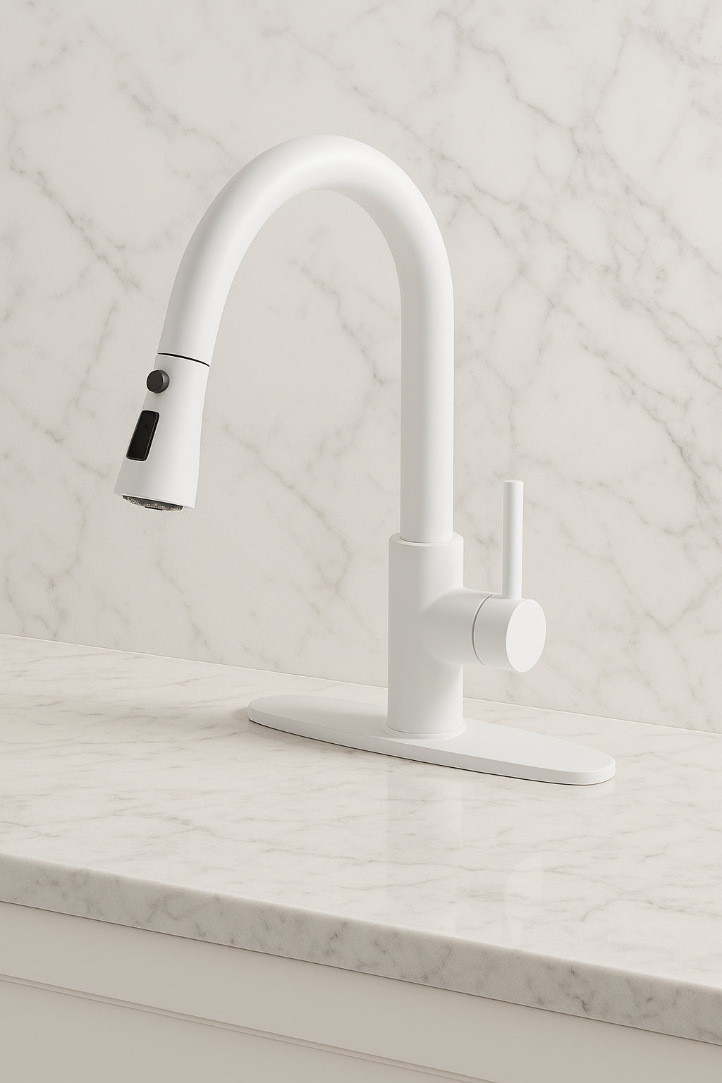 3-Spray Patterns Single Handle Pull Down Sprayer Kitchen Faucet with Deckplate and Water Supply Hoses in Matte White