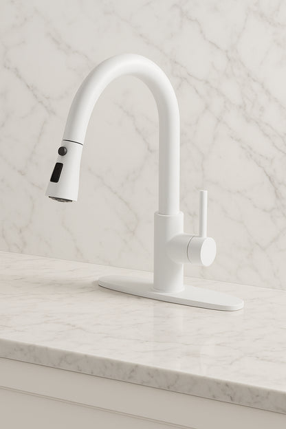 3-Spray Patterns Single Handle Pull Down Sprayer Kitchen Faucet with Deckplate and Water Supply Hoses in Matte White