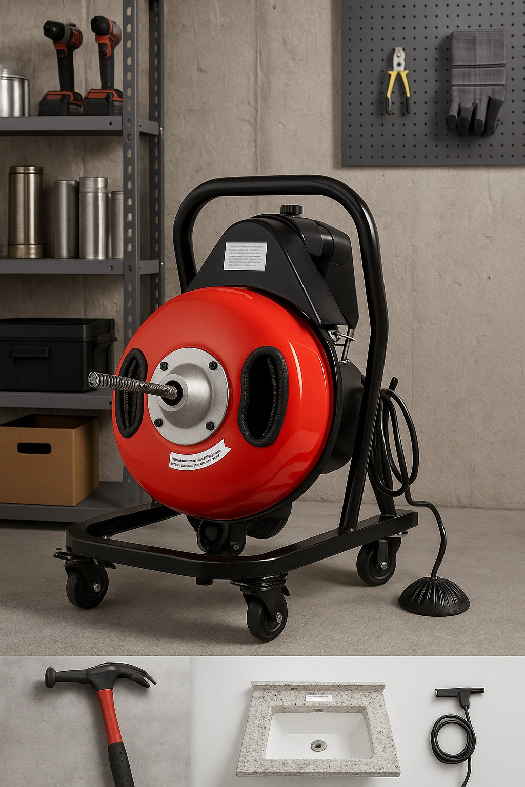 Electric Drain Auger 50 ft.x1/2 in. 250W Drain Cleaner Machine Sewer Snake Machine Fits 51mm-102mm Pipes with 4 Wheels
