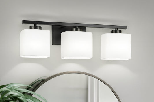 YANSUN 22 in. 3 Light Matte Black Modern Square Vanity Light for Bathroom, Bedroom, Living Roomwith Milk White Shades