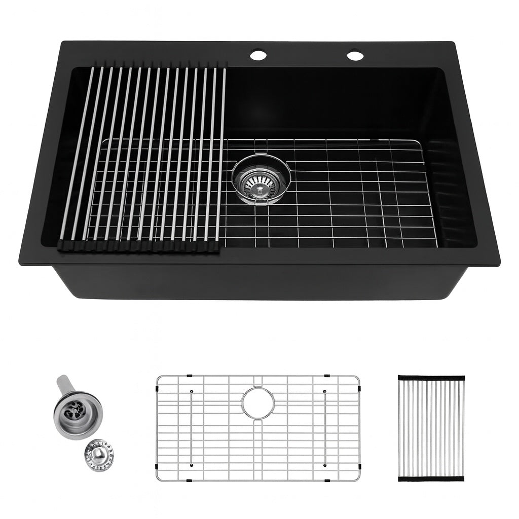 LORDEAR Drop-In 33 in.Single Bowl Matte Black Quartz Composite Workstation Kitchen Sink with Strainer
