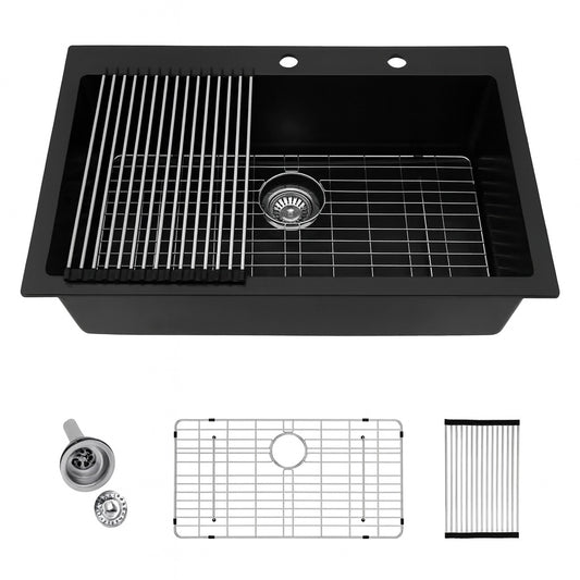 LORDEAR Drop-In 33 in.Single Bowl Matte Black Quartz Composite Workstation Kitchen Sink with Strainer