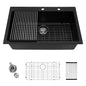 LORDEAR Drop-In 33 in.Single Bowl Matte Black Quartz Composite Workstation Kitchen Sink with Strainer