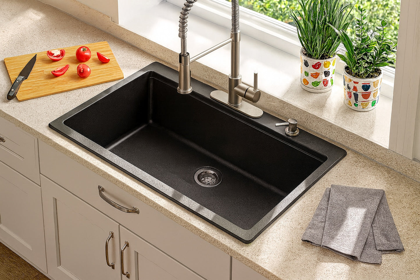 LORDEAR Drop-In 33 in.Single Bowl Matte Black Quartz Composite Workstation Kitchen Sink with Strainer