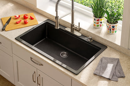 LORDEAR Drop-In 33 in.Single Bowl Matte Black Quartz Composite Workstation Kitchen Sink with Strainer