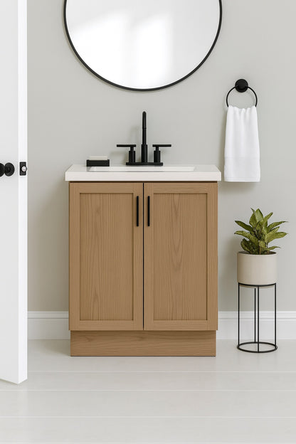 Glacier Bay Fonthill 24 5 in W x 18 75 in D x 32 89 in H Single Sink Bath Vanity in Sand Elm with White Cultured Marble Top