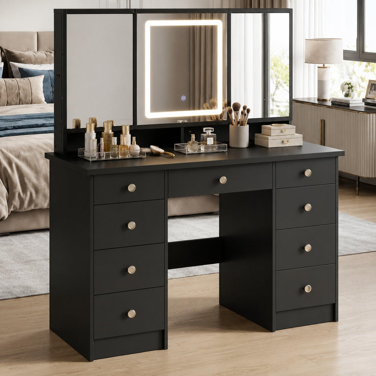 FUFU GAGA Black Modern Makeup Vanity Desk 9 Drawers Wood Dressing Table with 3 Mirrors Hidden Storage Shelves LED Lighted Lights
