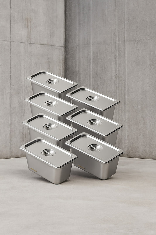 Hotel Pans, 6.3 qt. 1/3 Size Anti-Jam Steam Pan with Lid, 0.8 mm Thick Stainless Steel Steam Pan, 6 in. D (8-Pack)
