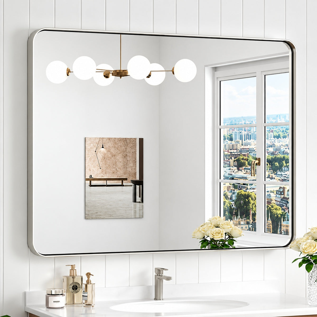 KeonJinn 40 in W x 30 in H Modern Rectangular Brushed Nickel Bathroom Mirror Aluminum Framed Wall Bathroom Vanity Mirror