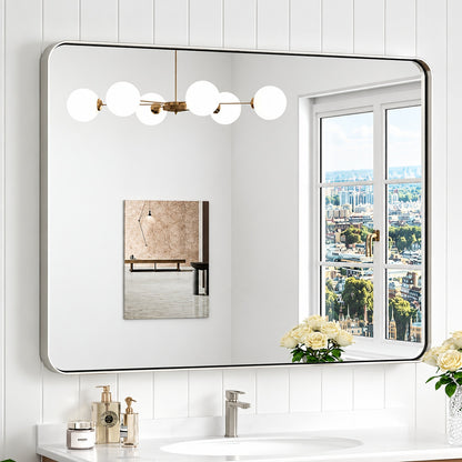 KeonJinn 40 in W x 30 in H Modern Rectangular Brushed Nickel Bathroom Mirror Aluminum Framed Wall Bathroom Vanity Mirror