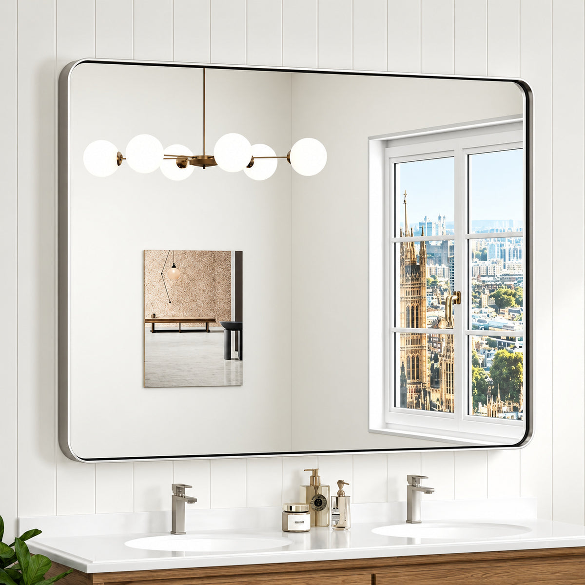 KeonJinn 48 in W x 36 in H Modern Rectangular Brushed Nickel Bathroom Mirror Aluminum Framed Wall Bathroom Vanity Mirror