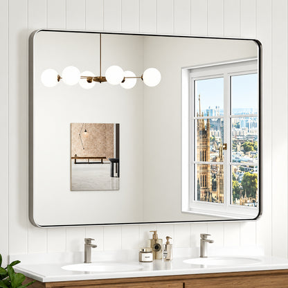 KeonJinn 48 in W x 36 in H Modern Rectangular Brushed Nickel Bathroom Mirror Aluminum Framed Wall Bathroom Vanity Mirror
