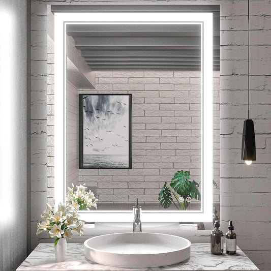KeonJinn 30 in. W x 36 in. H Rectangular Frameless LED Bathroom Mirror Anti-Fog Wall Mount Vanity Mirror w/ Frontlit and Backlit