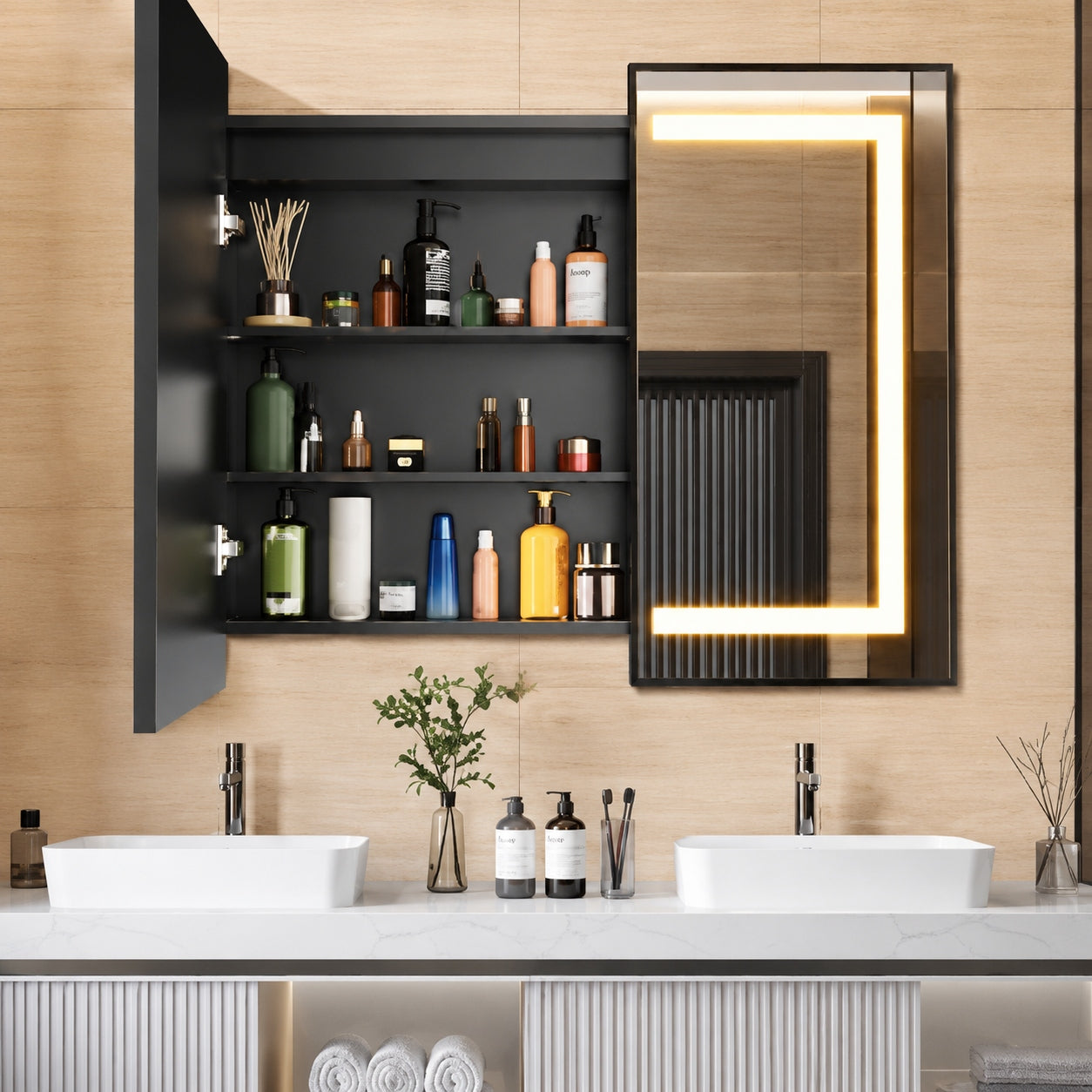 HOMEIBRO 36 in x 30 in Black Bathroom Medicine Cabinett with Mirror Recessed or Surface Lighted Medicine Cabinet