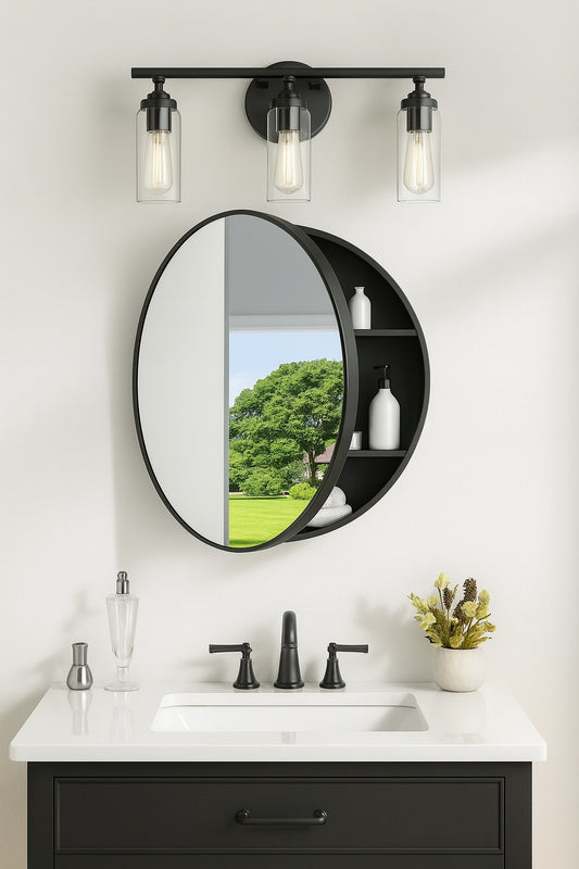 24 in. W x24 in. H Round Black Metal Framed Surface Mount Medicine Cabinet with Mirror