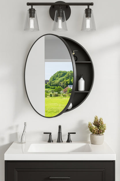 KeonJinn 26 in W x 26 in H Round Black Metal Framed Surface Mount Medicine Cabinet with Mirror HD