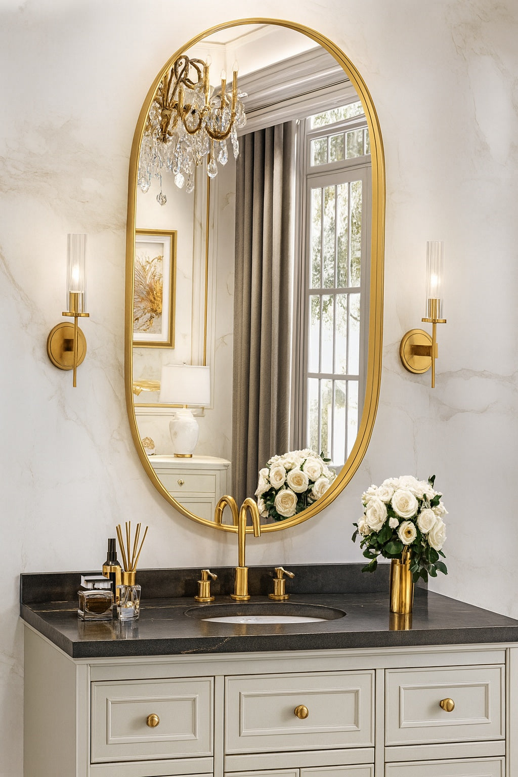 FORCLOVER 24 in W x 40 in H Oval Framed Wall Mount Bathroom Vanity Mirror in Brushed Gold