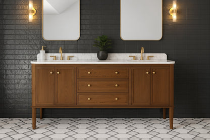 Home Decorators Collection Collette 72 in Double Sink Cinnamon Oak Bath Vanity with Carrara White Marble Top Assembled
