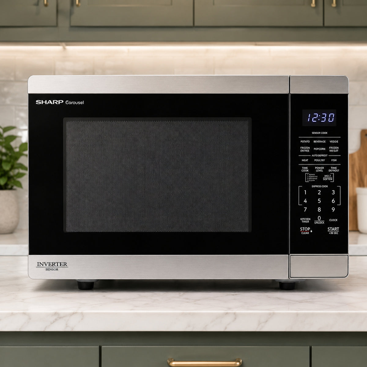 Sharp 20 4 in 1 4 cu ft 1 100 Watt Countertop Microwave in Stainless Steel with Inverter Technology and Sensor Cooking SMC1464KS