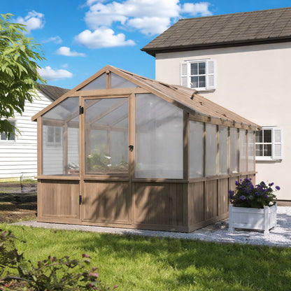VEIKOUS 8 ft W x 12 ft D x 6 in H Outdoor Wood Brown Garden Plant Greenhouse with 2 Adjustable Roof Vents