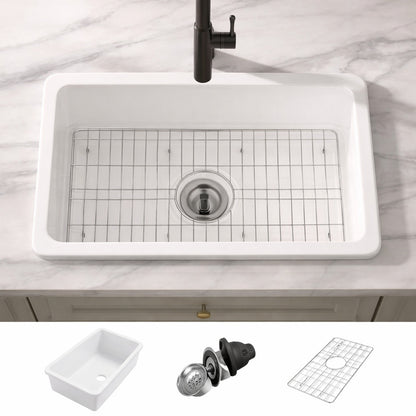 Eridanus Oslo 30 In Drop In Undermount Single Bowl Fireclay Kitchen Sink In Crisp White With Botton Grid And Basket Strainer