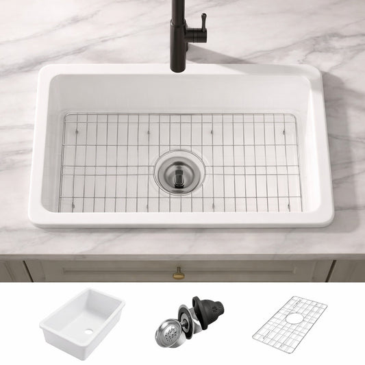 Eridanus Oslo 30 In Drop In Undermount Single Bowl Fireclay Kitchen Sink In Crisp White With Botton Grid And Basket Strainer