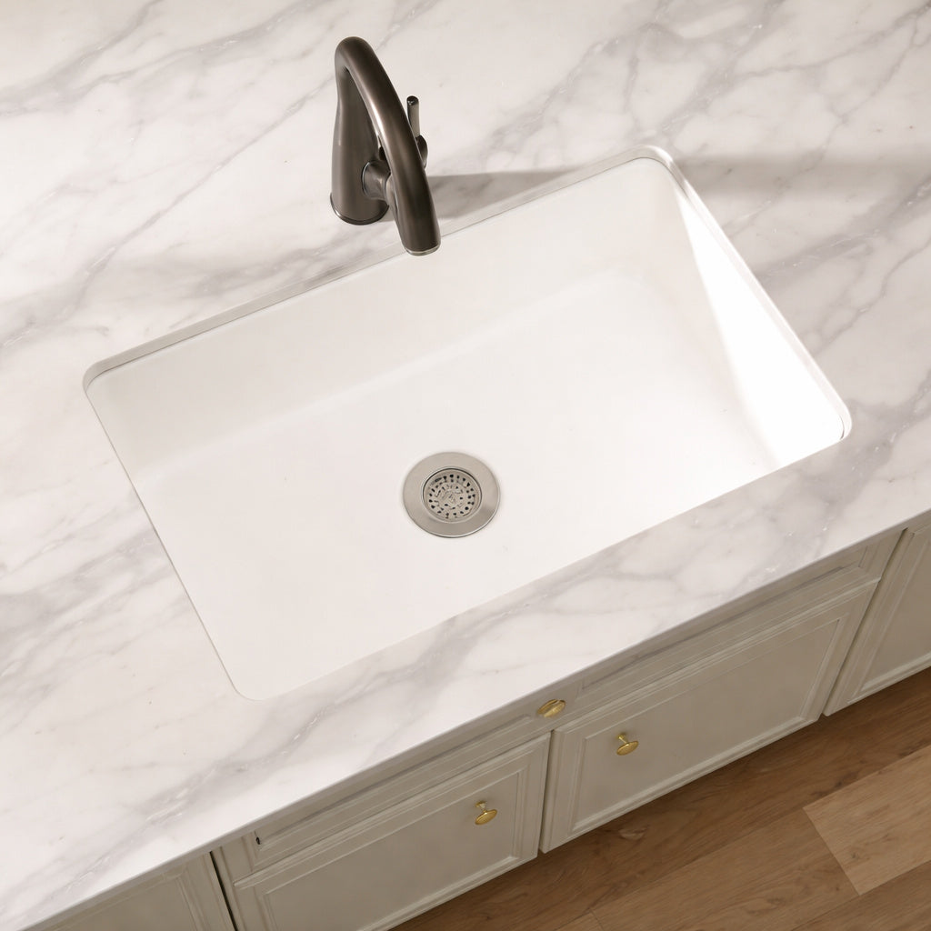 Eridanus Oslo 30 In Drop In Undermount Single Bowl Fireclay Kitchen Sink In Crisp White With Botton Grid And Basket Strainer