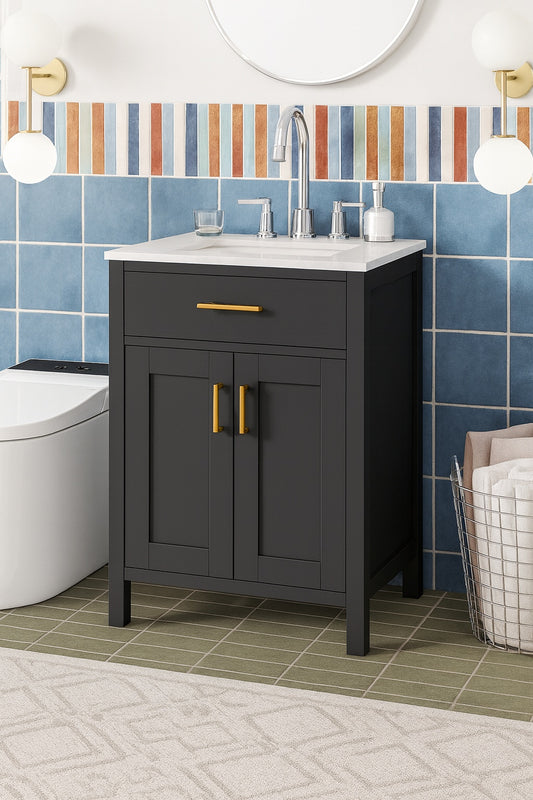 Virubi Space-Saving 24 in. W Single Sink Black Bath Vanity with White Ceramic Top