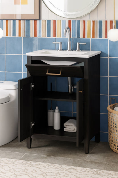 Virubi Space-Saving 24 in. W Single Sink Black Bath Vanity with White Ceramic Top