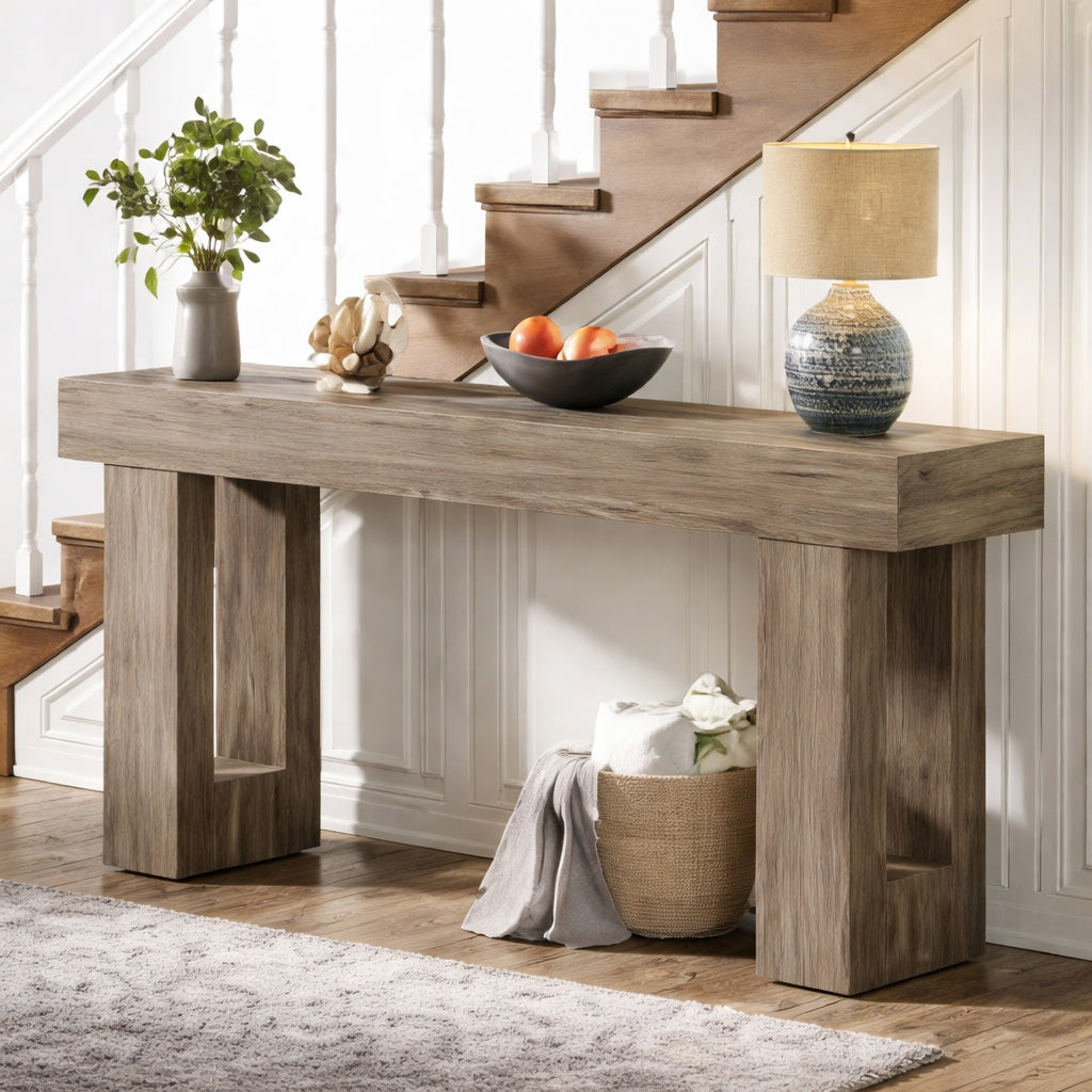 BYBLIGHT Turrella 62 99 in Gray Console Tables Rectangle Wooden Console Table with Wooden Frame for Living Room