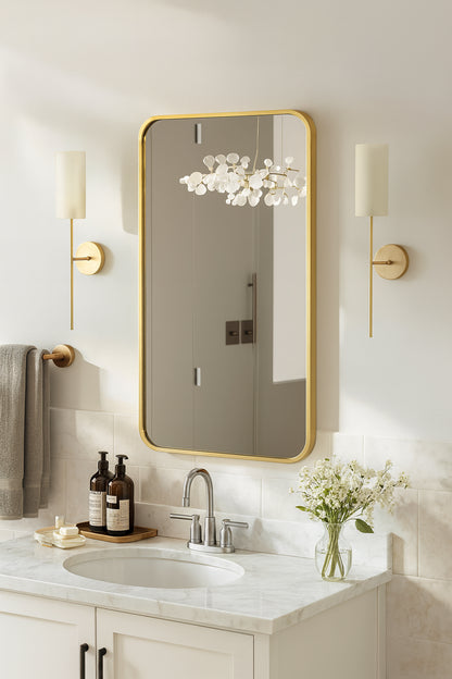 HOMEIBRO 24 in. W x 32 in. H Tempered Glass Rounded Rectangle Framed Wall-Mounted Bathroom Vanity Mirror in Gold