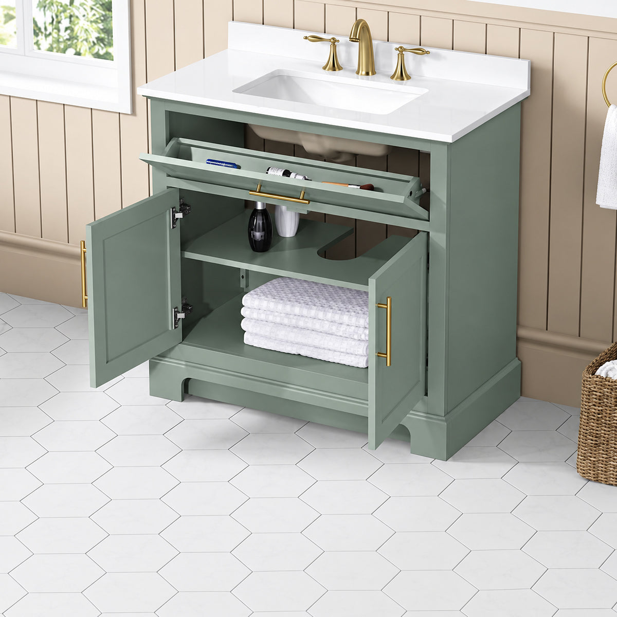 Home Decorators Collection Doveton 36 in Single Sink Freestanding Sage Green Bath Vanity with White Engineered Stone Top Assembled Doveton 36SG