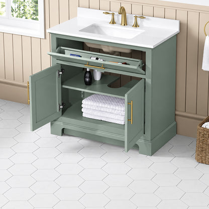 Home Decorators Collection Doveton 36 in Single Sink Freestanding Sage Green Bath Vanity with White Engineered Stone Top Assembled Doveton 36SG