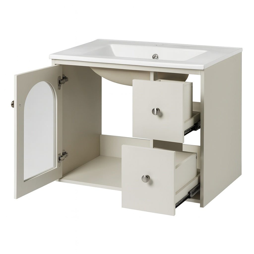 Polibi 30 in W Single Sink Bath Vanity in Black with White Ceramic Top 2 Soft close Doors and Double tier Deep Drawer