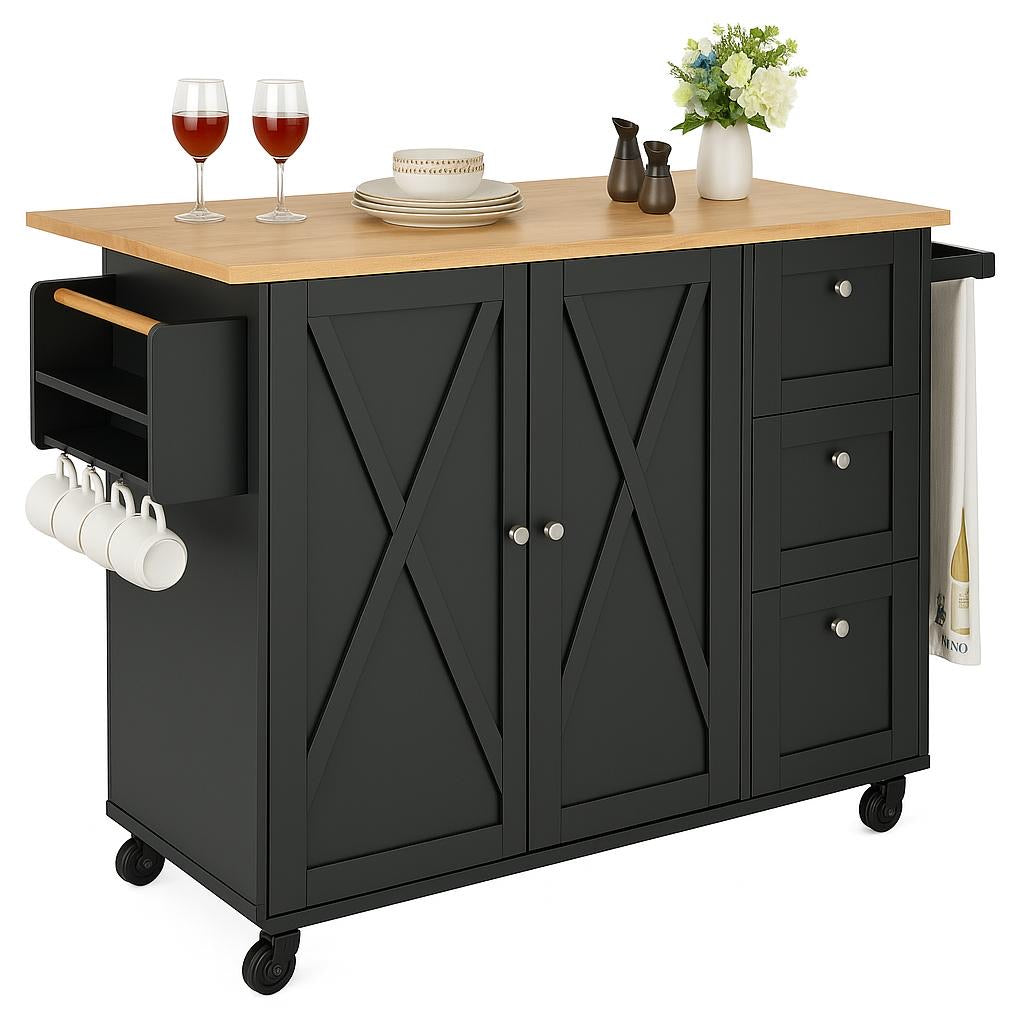 Kitchen Island Cart, Rolling Storage Cabinet on Wheel, Kitchen Cart with Drawer and Shelves, Black 197988217893 VEVOR