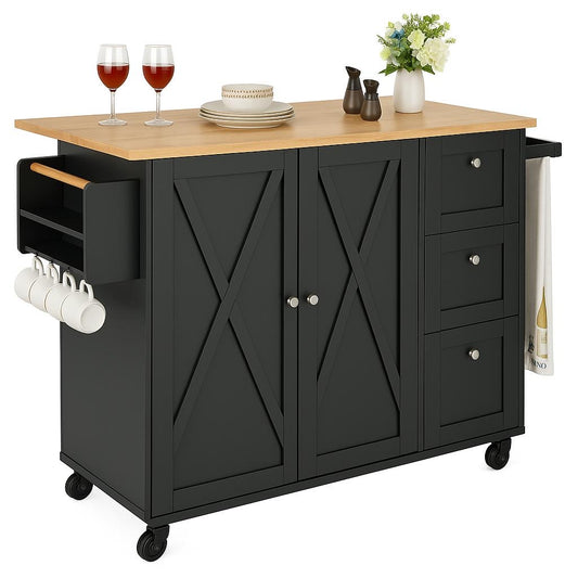 Kitchen Island Cart, Rolling Storage Cabinet on Wheel, Kitchen Cart with Drawer and Shelves, Black 197988217893 VEVOR