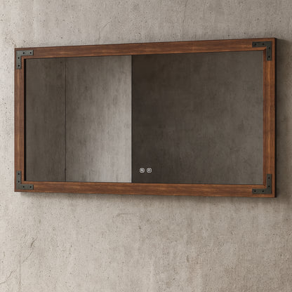 KeonJinn 48 in. W x 36 in. H Large Rectangular Rustic Wood Framed Farmhouse Wall Bathroom Vanity Mirror in Brown