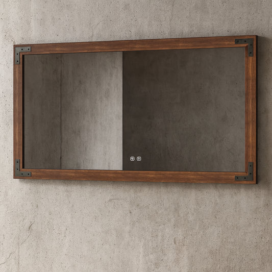 KeonJinn 48 in. W x 36 in. H Large Rectangular Rustic Wood Framed Farmhouse Wall Bathroom Vanity Mirror in Brown