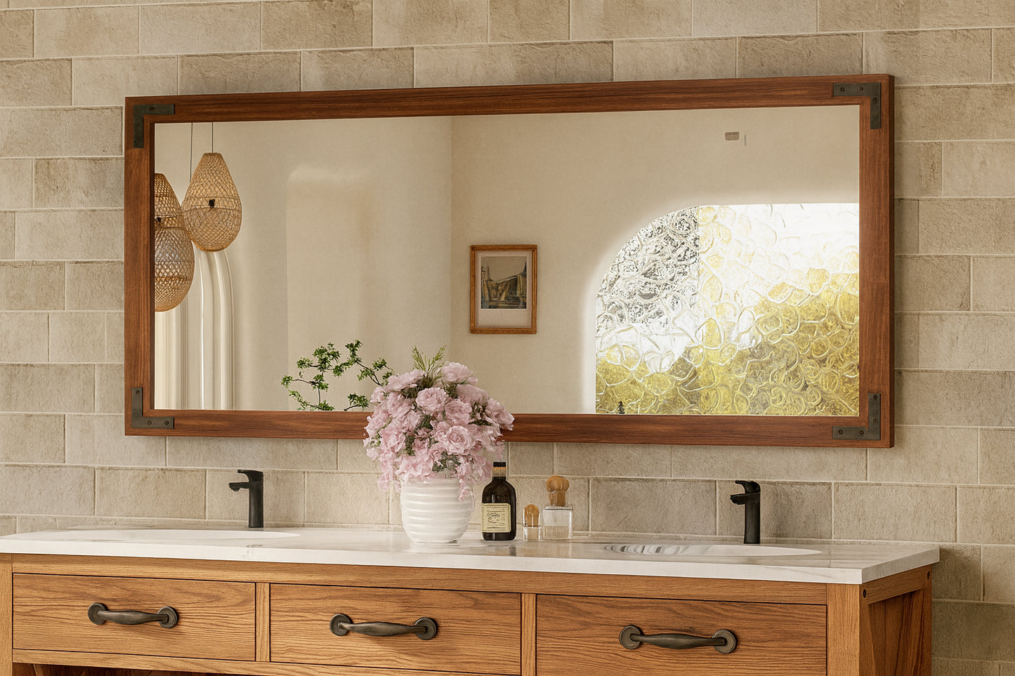 KeonJinn 48 in. W x 36 in. H Large Rectangular Rustic Wood Framed Farmhouse Wall Bathroom Vanity Mirror in Brown