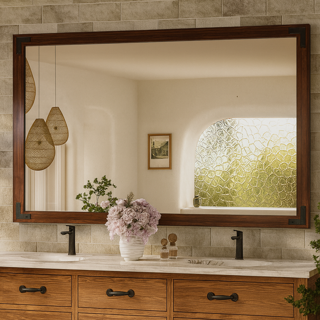 KeonJinn 55 in. W x 36 in. H Large Rectangular Rustic Wood Framed Farmhouse Wall Bathroom Vanity Mirror in Brown