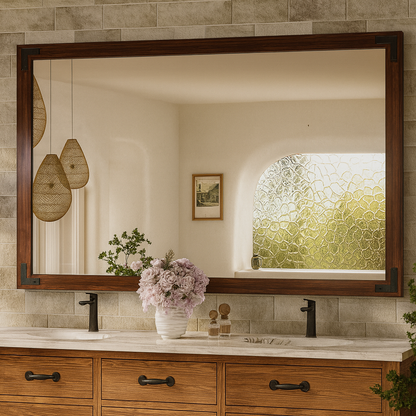 KeonJinn 55 in. W x 36 in. H Large Rectangular Rustic Wood Framed Farmhouse Wall Bathroom Vanity Mirror in Brown
