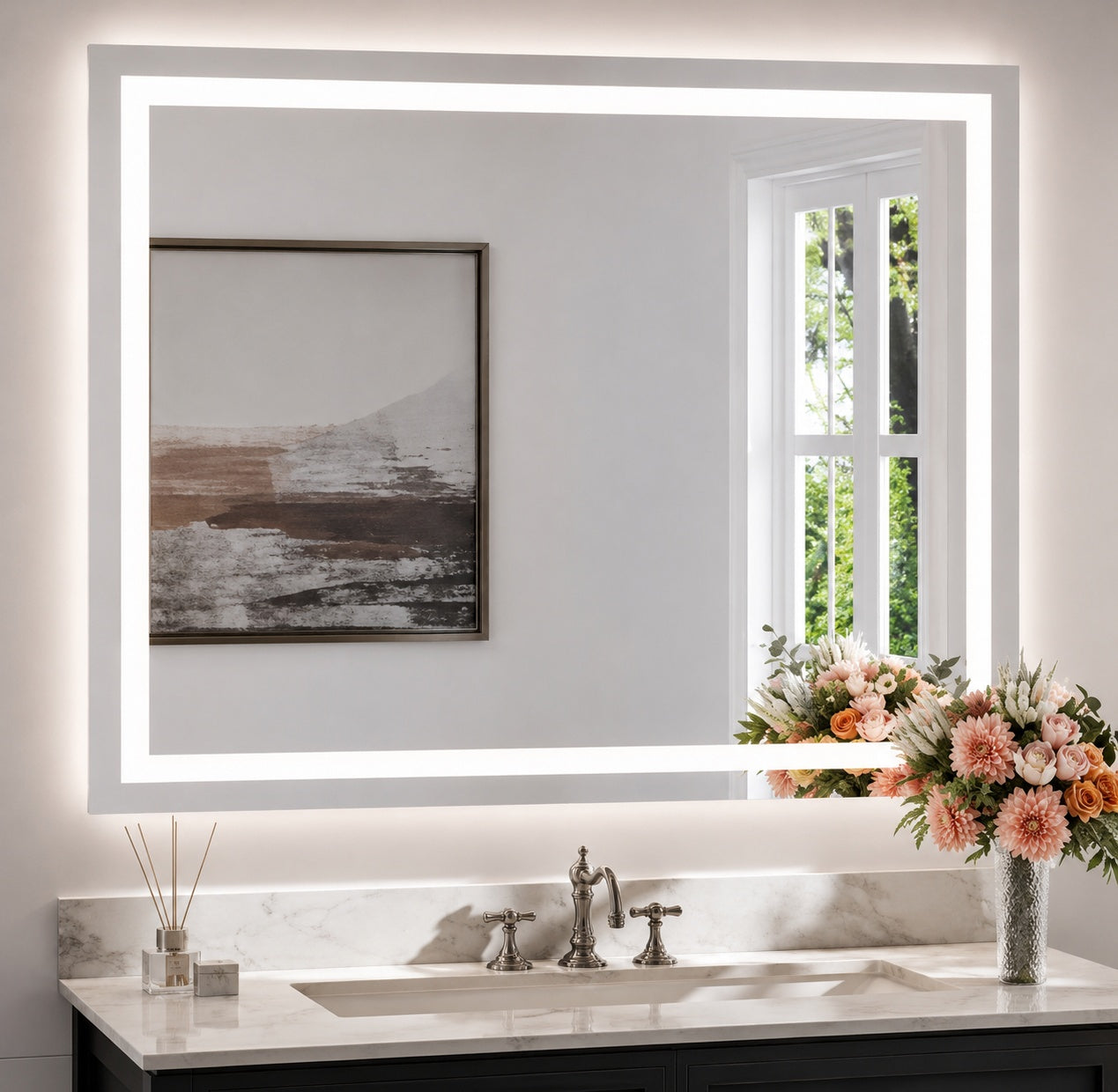 KeonJinn 42 in W x 36 in H Rectangular Frameless LED Light Anti Fog Wall Bathroom Vanity Mirror with Frontlit and Backlit