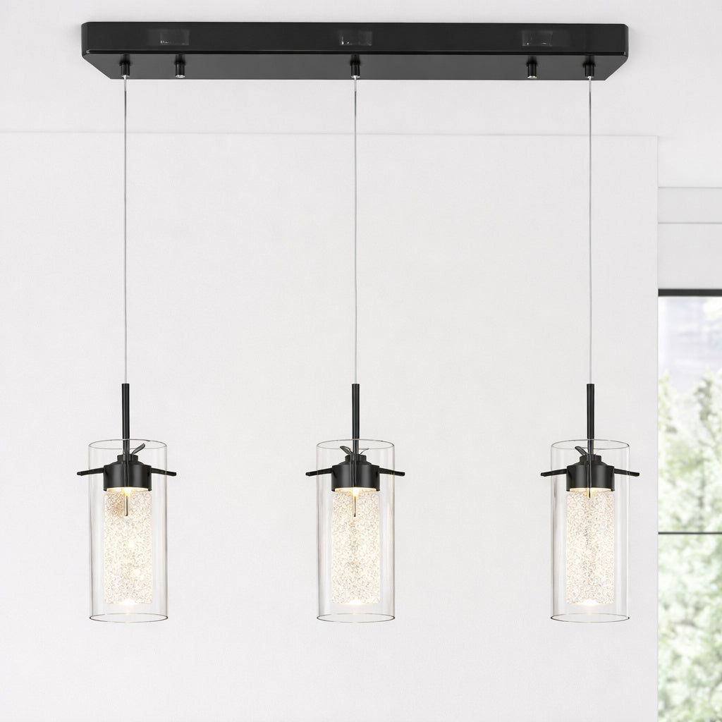 15 Watt 3 Light Black 3000K Warm White Light Integrated LED Pendant Lights with Crystal Glass Shade for Kitchen Island