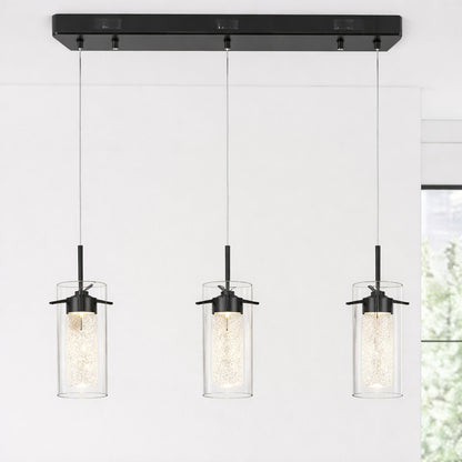 15 Watt 3 Light Black 3000K Warm White Light Integrated LED Pendant Lights with Crystal Glass Shade for Kitchen Island