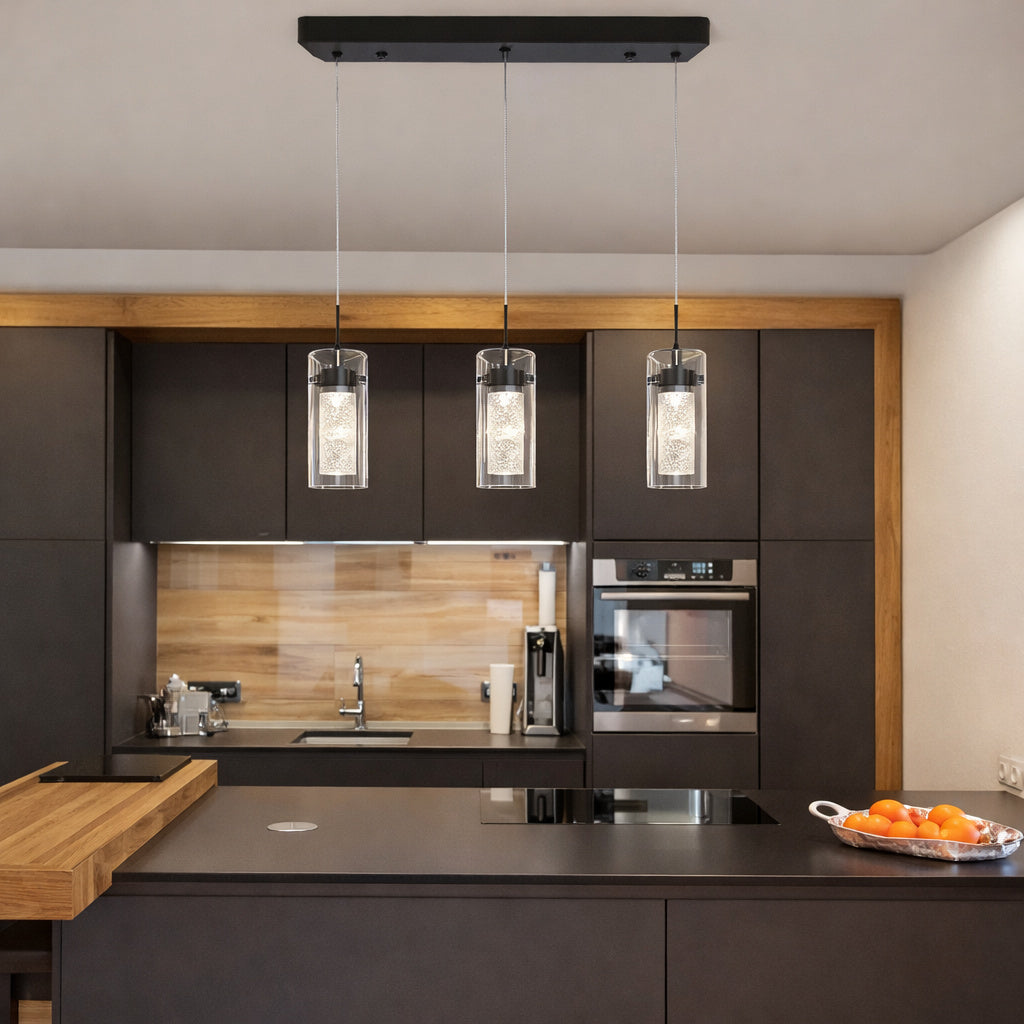 15 Watt 3 Light Black 3000K Warm White Light Integrated LED Pendant Lights with Crystal Glass Shade for Kitchen Island