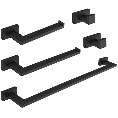 HOMEMYSTIQUE 4-Piece Bathroom Hardware Set Double Hook Towel Ring Toilet Paper Holder and 24-in Towel Bar in Matte Black
