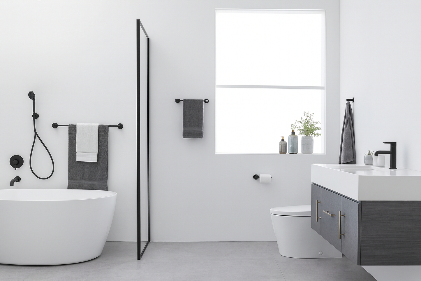 HOMEMYSTIQUE 4-Piece Bathroom Hardware Set Double Hook Towel Ring Toilet Paper Holder and 24-in Towel Bar in Matte Black